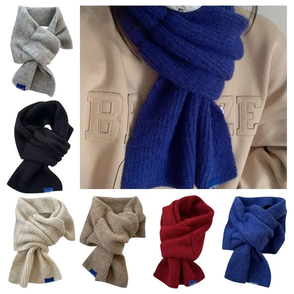 Solid Color Knit Scarf for Women Thicken Outdoor Warm Windproof Short Neckerchief Winter Student Cross Woolen Scarf