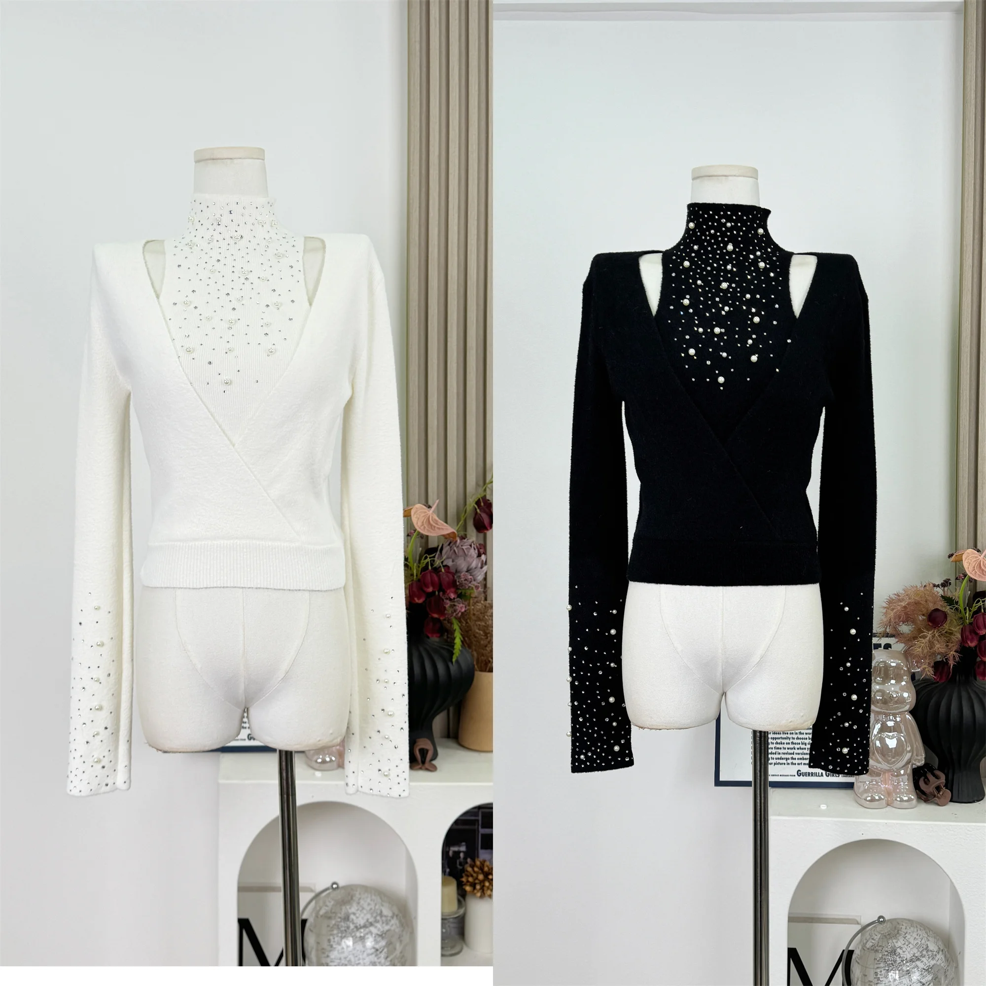 

Элегантные пуловеры из двух предметов во французском стиле с лямкой на шее и бисером, сексуальные открытые свитера с длинными рукавами, осенне-зимний однотонный джемпер F520