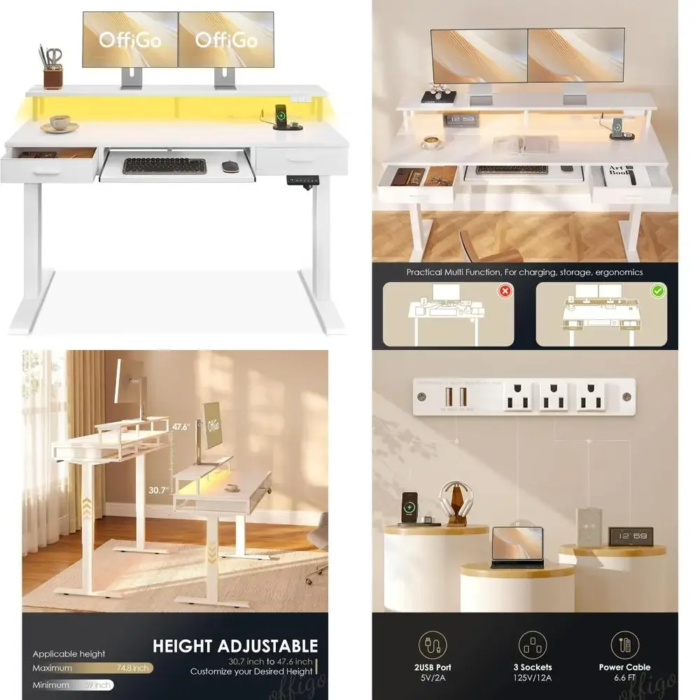 Meja Berdiri Elektrik 55-Inci yang Dapat Disesuaikan Tingginya dengan Laci, Rak Keyboard, Stopkontak, dan Lampu LED