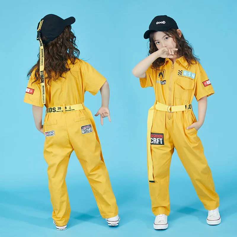 Children's hip-hop trend girls' frock wind jumpsuit with belt hip-hop loose hip-hop costume boys' tide suit