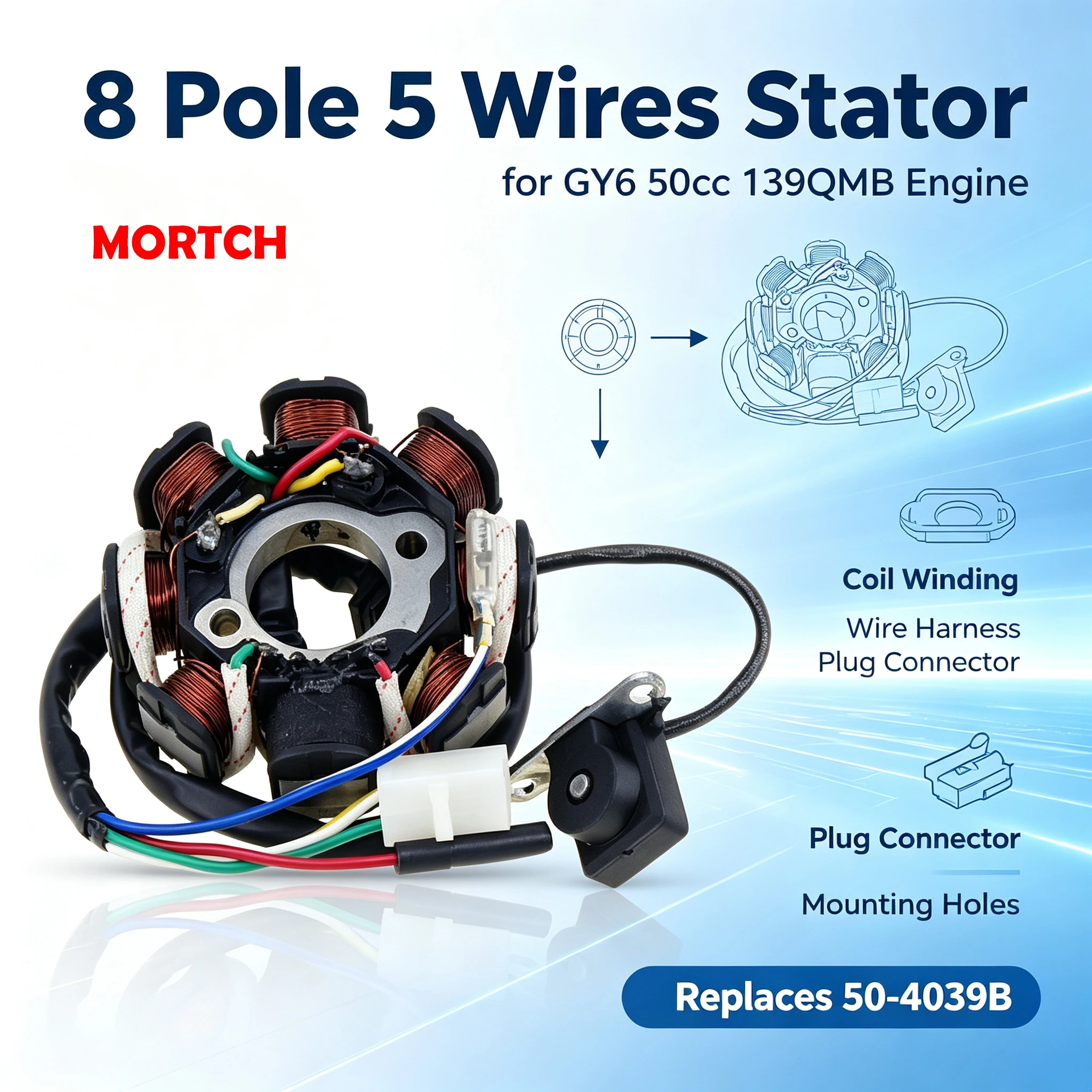 8-poliger 5-Draht-Magneto-Stator GY6 50cc 50-4039B für 139QMB Chinesischen Roller-Moped-Motor Ersatz – Detail 1
