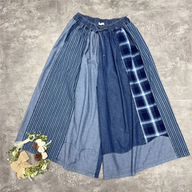 Johnature Pantaloni da donna a gamba dritta elastici casual larghi in denim a gamba larga scozzese a blocchi di colore vintage giapponese