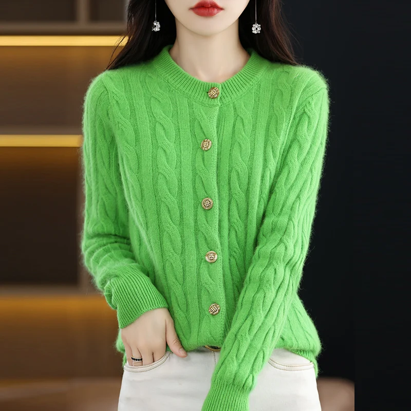 New Fashion Autumn Winter 100% Mink Cashmere Cardigan Sweater Womens Knitted O-neck Cardigan Sweater Twist Female Basic Clothe