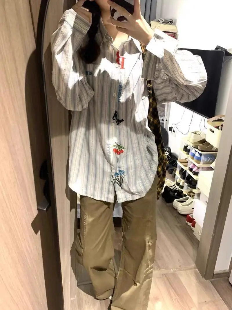 

Retro Artistic Embroidered Long Sve Loose Men's Striped irt Spring Summer Sun Protection Versatile Casual Busin irt