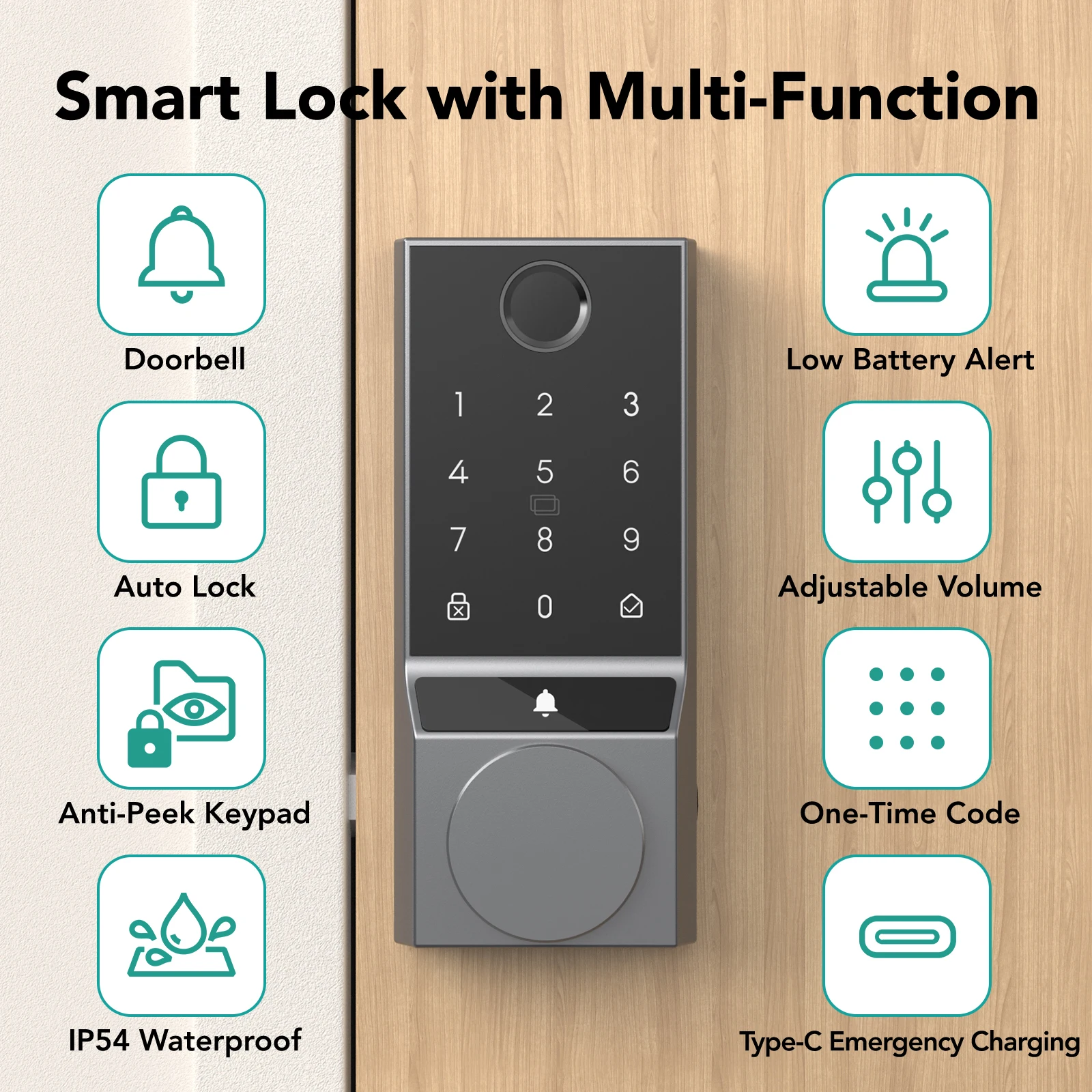 Serrure intelligente à empreinte digitale, serrure de porte d'entrée sans clé avec sonnette, pêne dormant électronique avec contrôle d'application, étanche, Bluetooth