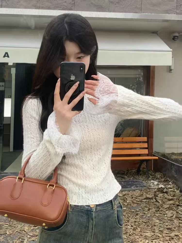 Lace Tassels Bottoming Tops for Women Y2K Fashion Splicing Slim Long Sleeve Knitted T-Shirts Harajuku Half-High Collar Pullover