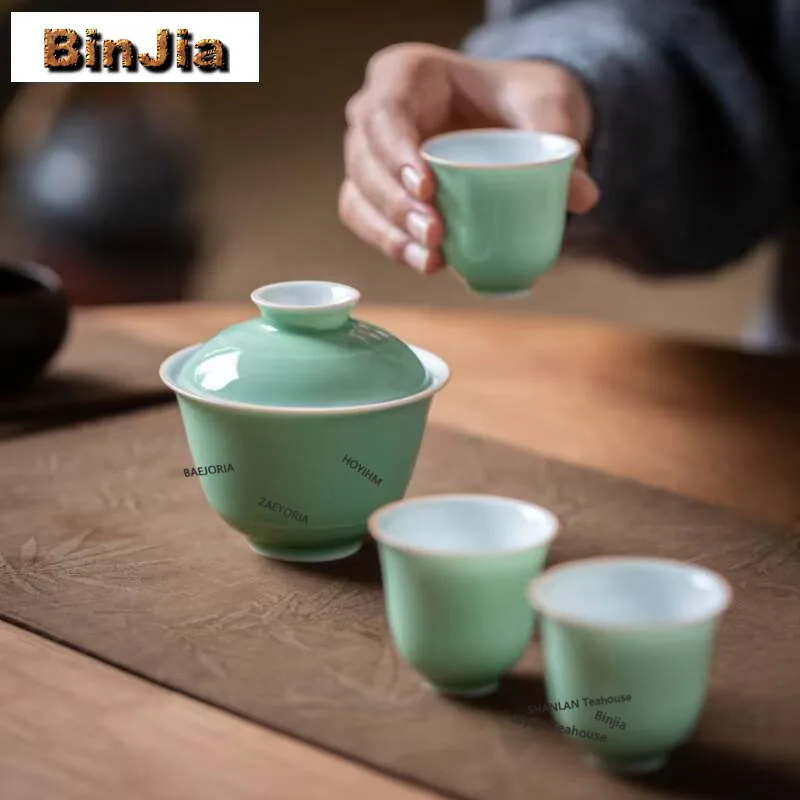 115ml Pea Green Glaze Gaiwan Antique Tea Brewing Cup Not Hot Tea Tureen Tea Bowl With Lid Kit Tea Making Cover Bowl Cha Craft