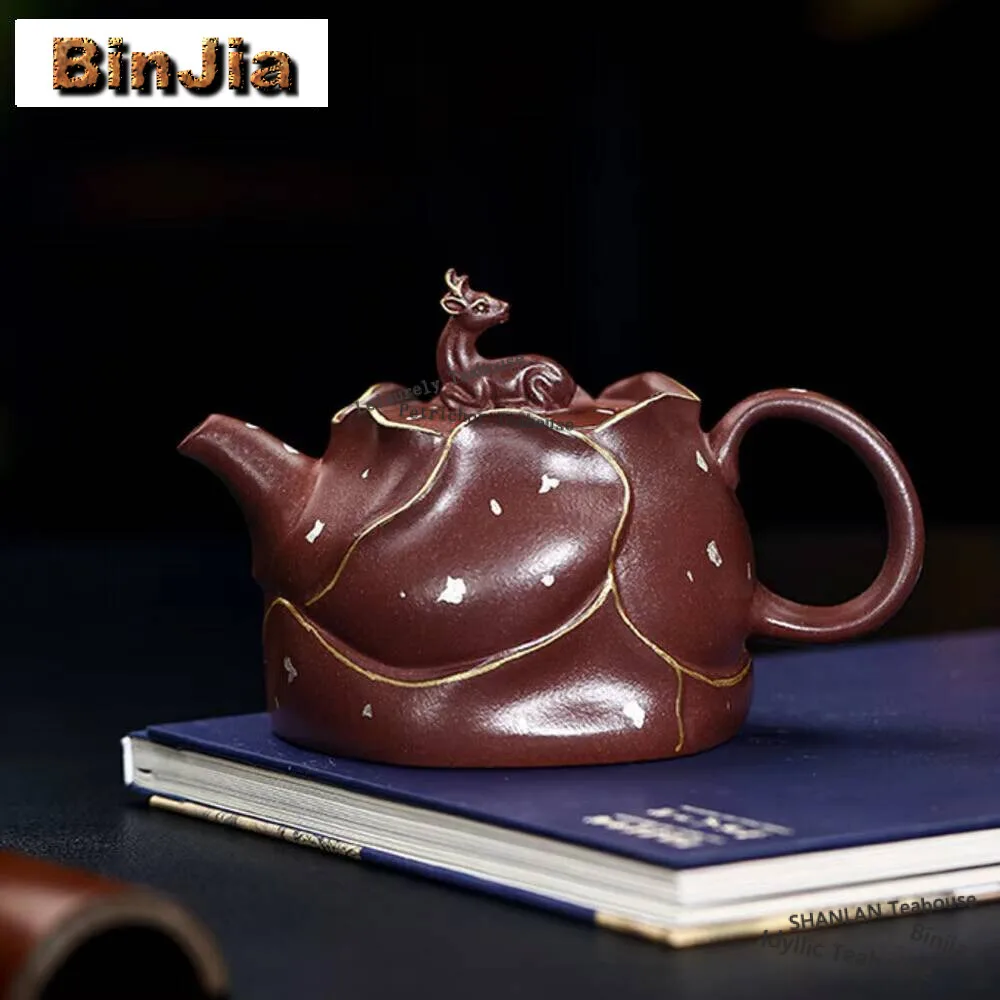 430ML Creative Yixing Purple Clay Teapots Handmadethe Golden Deer Primula Pot Raw Ore Purple Mud Kettle with Strainer Zisha Tea