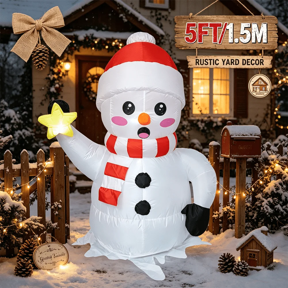 5FT Christmas Inflatable Toy LED Light Up Snowman with Star Santa Hat Striped Scarf Inflatable Outdoor Yard Xmas Decoration