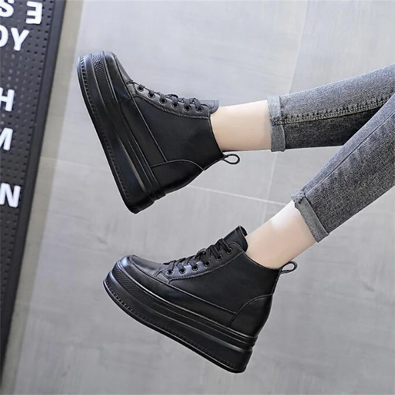 Women High Top Sneakers Platform Breathable Genuine Leather Shoes Spring Lady Wedges Casual Shoes For Woman Sports Dad Shoes 9CM