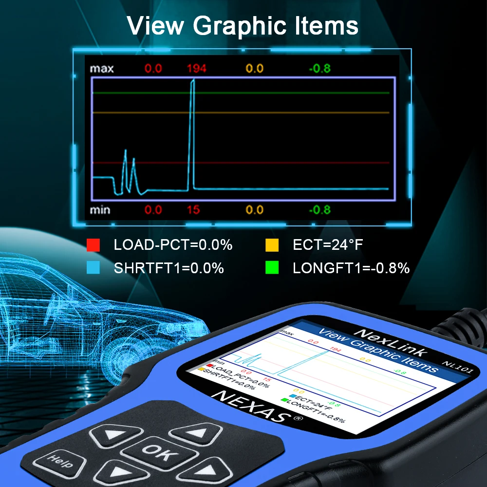 NEXAS NL101 OBD2 Scanner Diagnostic Tool with Battery Test Check Car Engine Light OBDII Function Live Data Stream Free Update