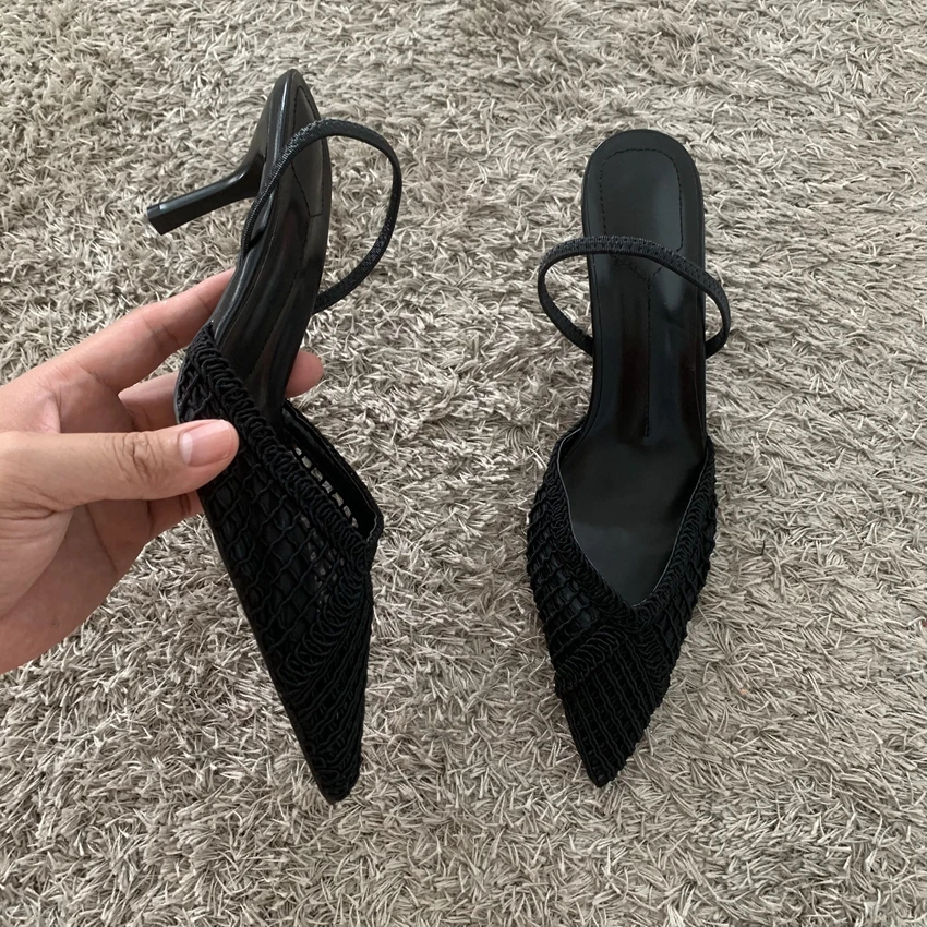 Mesh-Gewebtes Design Dünne Hohe Absätze Damen Sexy Spitze Atmungsaktive Rückenriemen-Sandaletten Elegante Schwarze Party-Kleiderschuhe – Detail 7