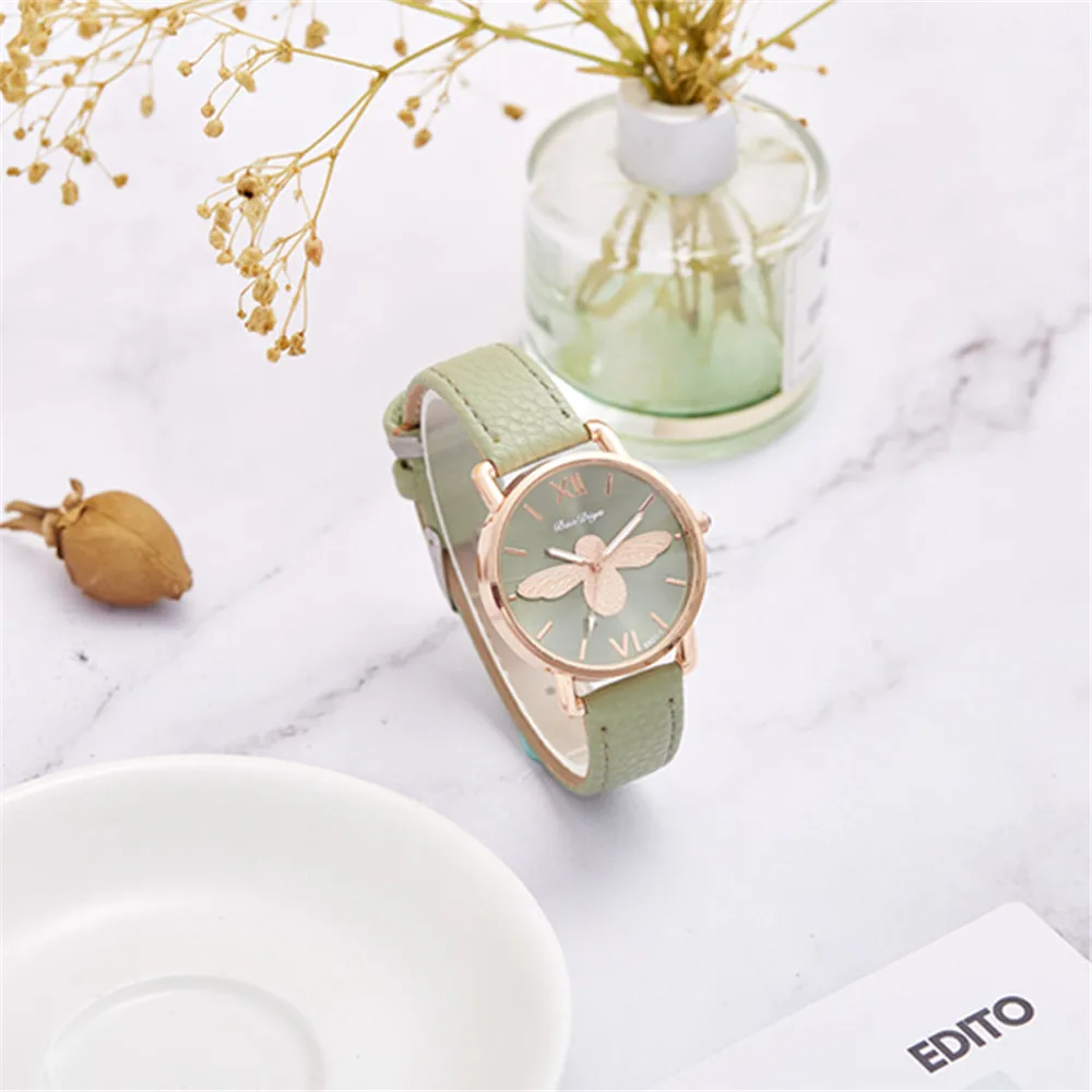 Fashion Casual Female Quartz Clock Simple Little Bee Design Women Watches Vintage Green Leather Ladies Luxury Wristwatches