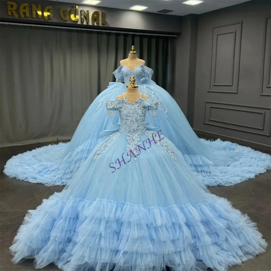 

Blue Flower Girl Dresses for Wedding Bow Beaded Lace Appliques Girl Prom Gown for Photoshoot First Communion Gowns Customized