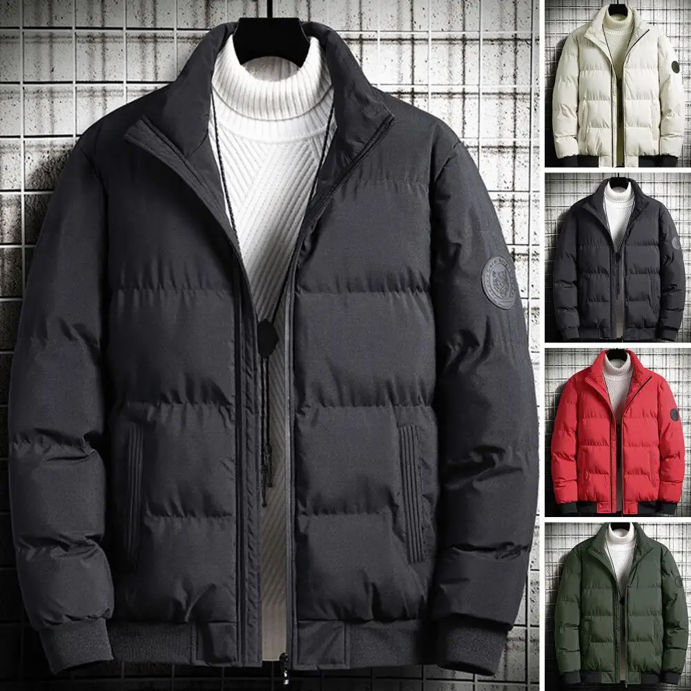 Stand-up Collar Cotton Jacket Winter Puffer Jacket for Men Insulated Full Zip Coat with Stand Collar Thicken for Warmth for Men