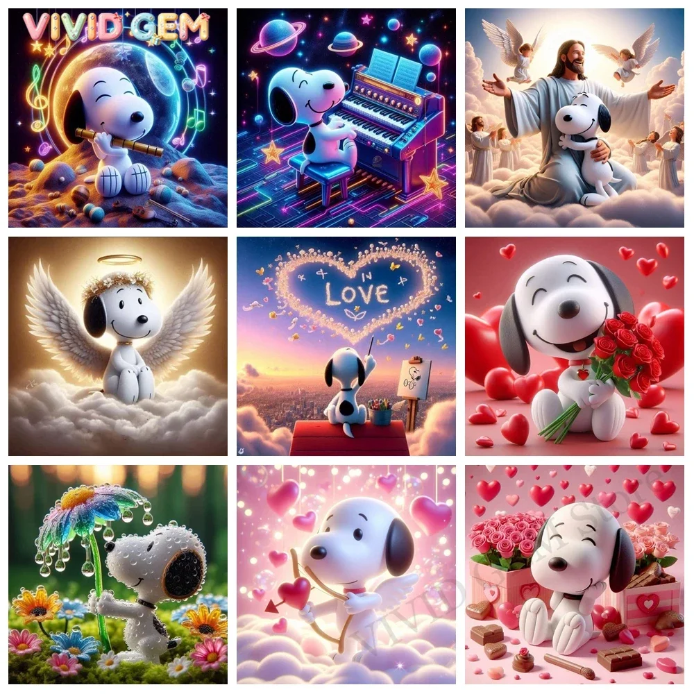 VIVID GEM Romantic Snoopy Diamond Art, Full Drill Love & Music Themed Cartoon Painting, DIY Wall Decor, Aesthetic Bedroom Nurs