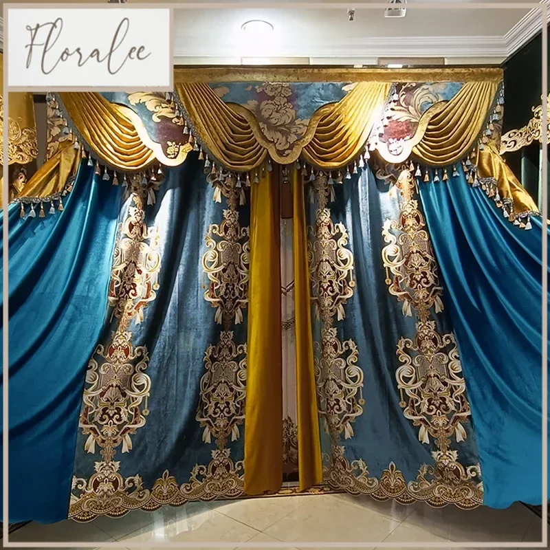 

European Custom Size Embroidery Luxury Blue Velvet Curtains For Living Room Bedroom Dining Window Tulle Valance Thicken Decor