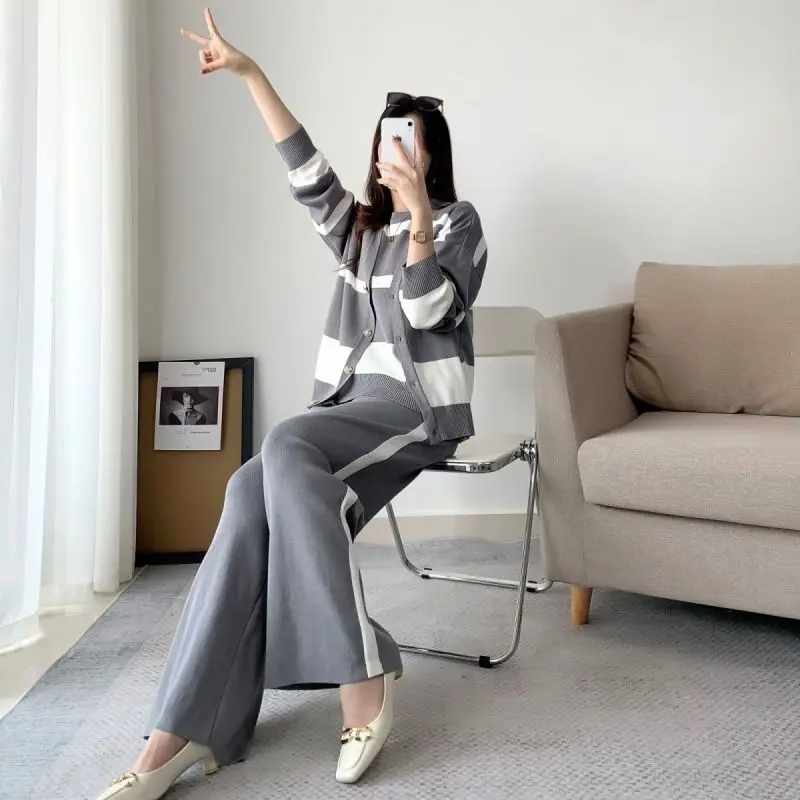 Korean Spring and Autumn Stripe Knitted Three Piece Suit Loose Cardigan Top Fashion Splicing Slim Wide Leg Pants Set for Women