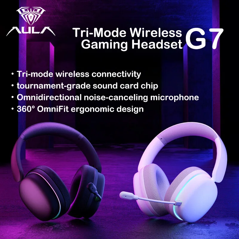 Fone de Ouvido Gamer Sem Fio AULA G7/G7Pro Tri-Mode com Baixa Latência de 10ms, Som Surround 7.1, Microfone com Cancelamento de Ruído e RGB