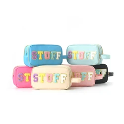 Cute colorful letter patch ladies cosmetic bag with handle toiletry bag suitable for outdoor travel and college dormitory