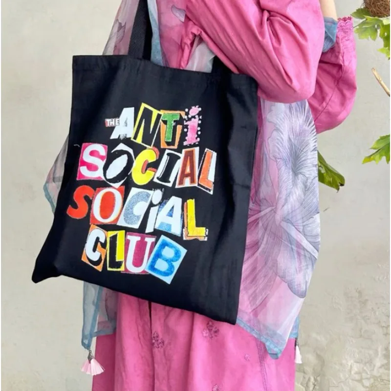 

Fashion Letter Shoulder Bag Harajuku Shopping Black Bags Canvas Tote Bag Mom Reusable Cloth Bag Handbag Shoulder Bags Decoration
