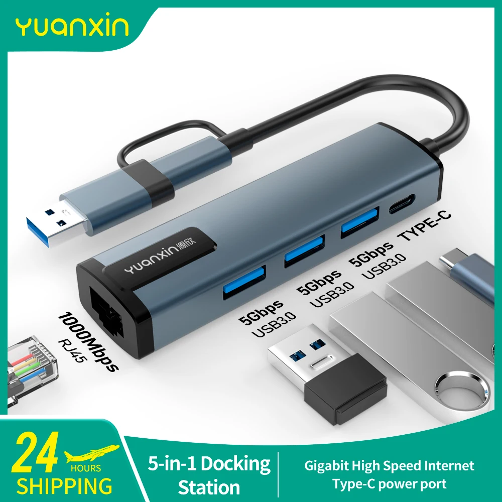 Yuanxin USB-C USB-A Hub Multiport Adapter to Type C USB 3.0 Data Transfer Gigabit Ethernet RJ45 Docking Station for MacBook Pro