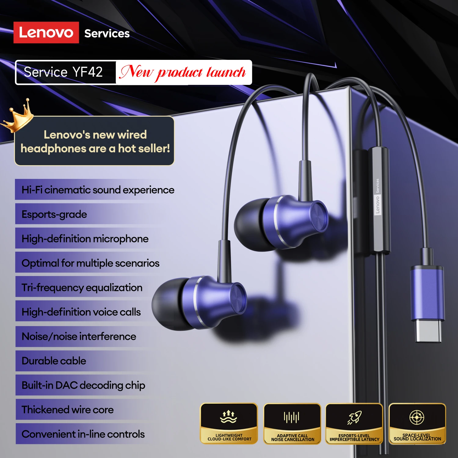 Lenovo YF42 In-Ear Wired Headphones 3.5mm/Type-C Music Gamin