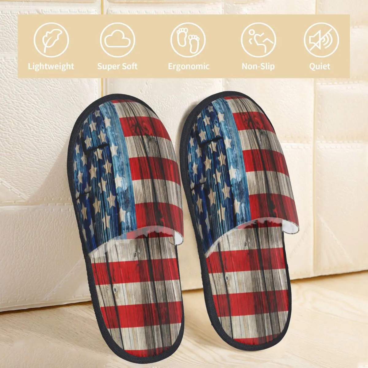 Winter Women Men Non-Slip Flat Slippers Old American Flag On Wooden Fence Indoor Fur Soft Warm Shoes