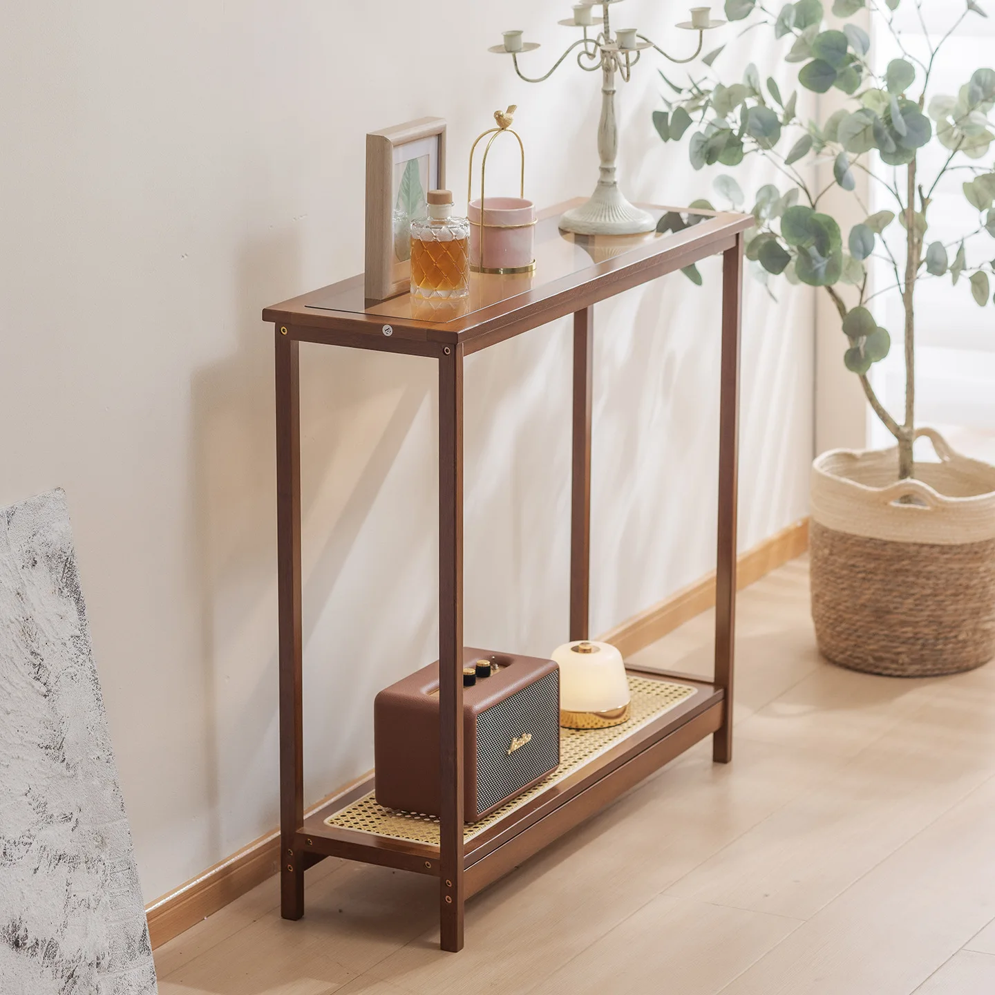 New entryway table, minimalist modern bamboo wall-facing entryway table, extremely narrow, high-end entryway table, hotel