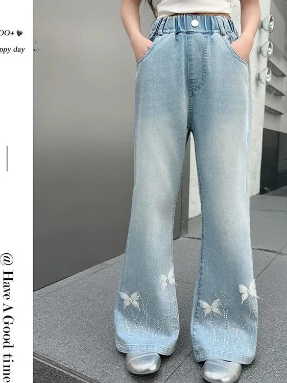 Girls High Waist Embroidered  Loose Thin Jeans Flared Pants Autumn New Style Korean Version Long Pants for Teens
