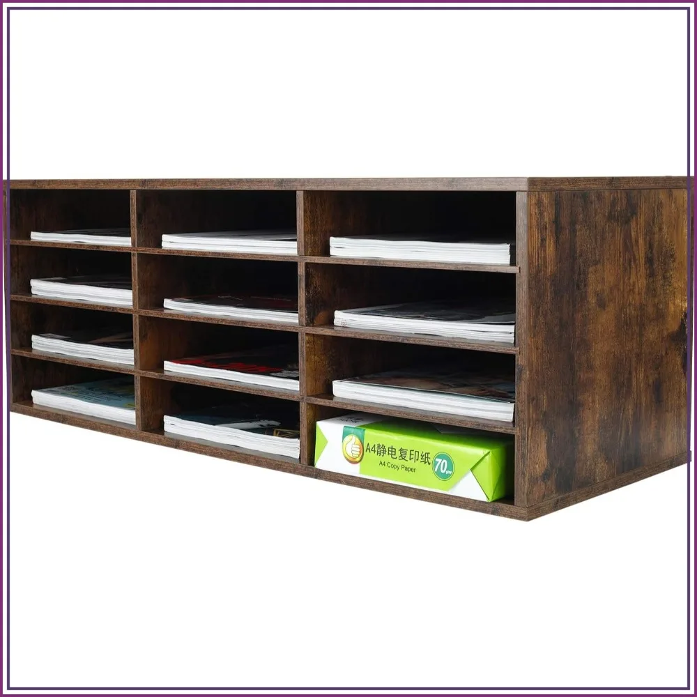 

12 Compartment Wooden Mail Sorter, Desktop Organizer for Bills & Papers, Antique Brown