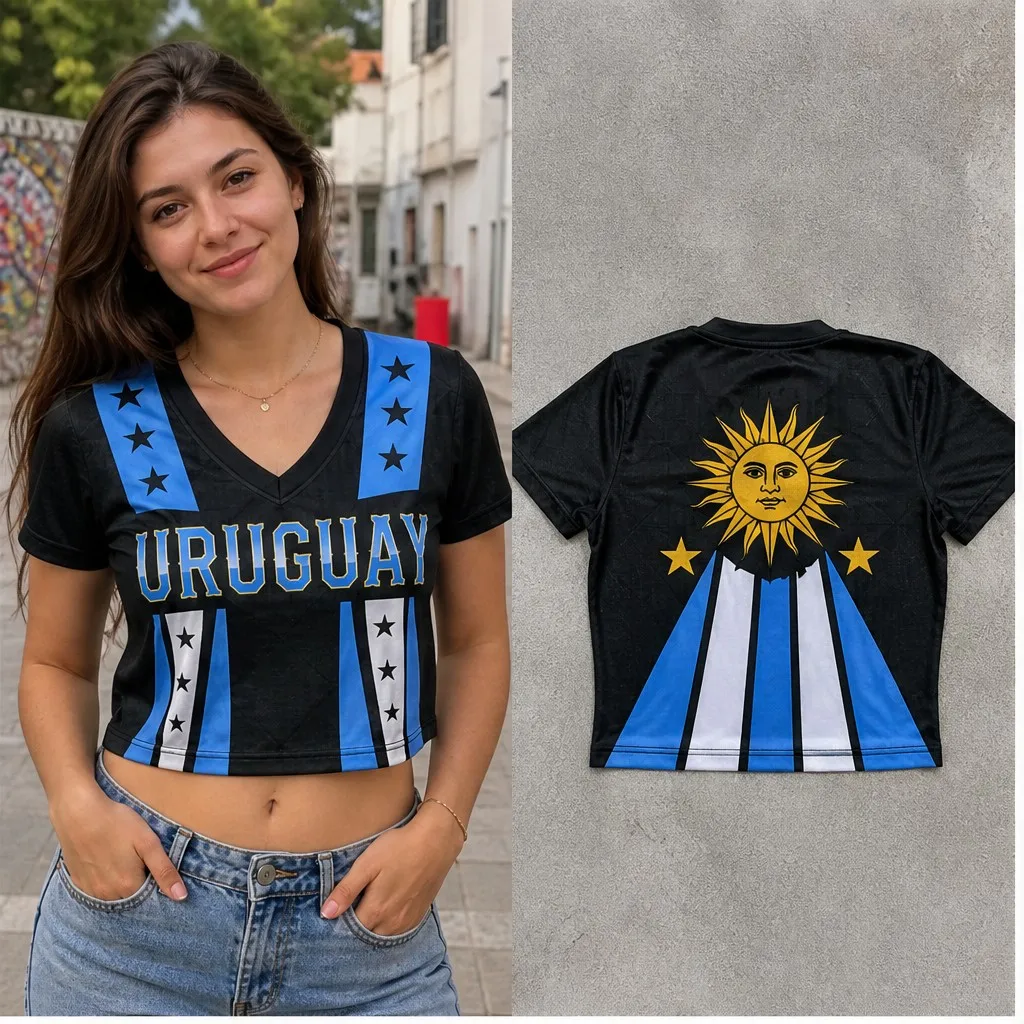 Women Uruguay V Neck Crop Top Sun Star Stripe Print Short Sleeve Summer Street Travel Casual Fashion Tee Modern Chic Outfit Look
