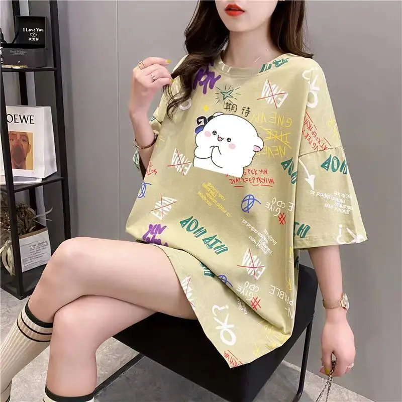 Women Summer Fashion Loose Casual Printing O-neck Short Sleeve T-Shirt Women Clothes Fashionable All-match Appear Thin Top Tee