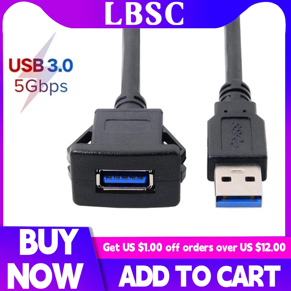 Câble d'extension de panneau USB 3.0, montage encastré, voiture, camion, bateau, moto, carte Prada, 1m