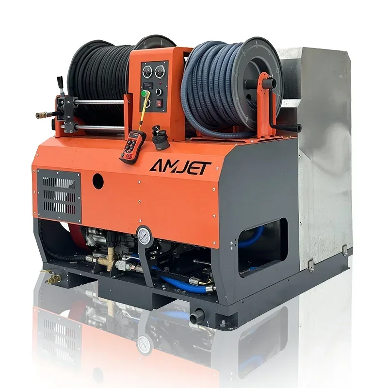 AMJET Exclusive 4350psi 10gpm Remote control sewer jetting machine for cleaning sewage and drainage pipes in apartmentsewerclean