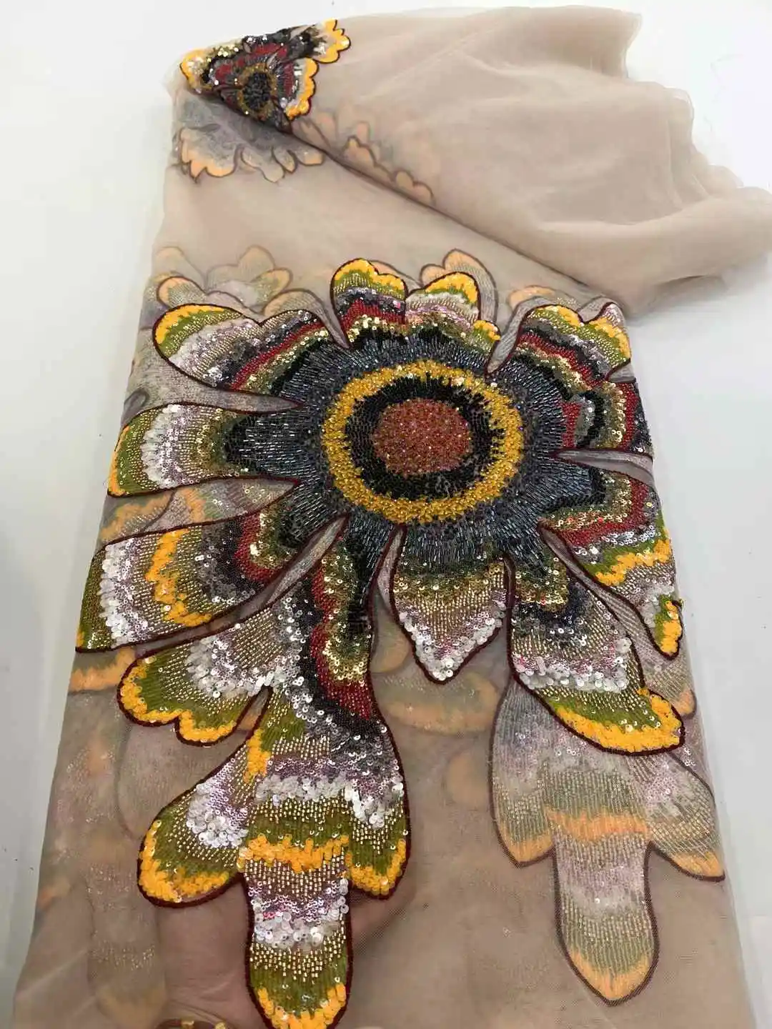 African Mesh Lace Fabric With Sequins Nigerian 3D Flowers Lace Fabric French Tulle Lace Fabric For Wedding Party-XC