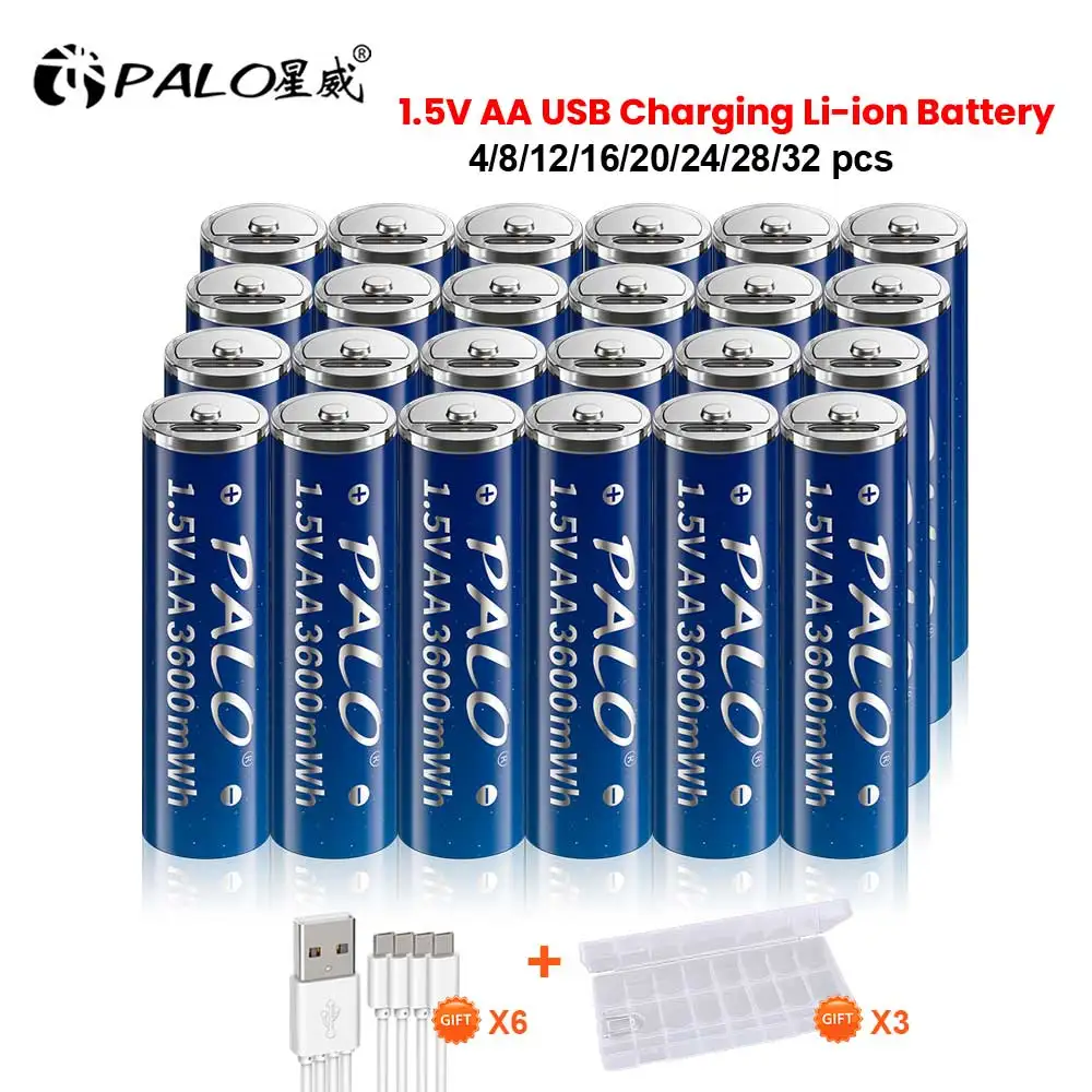 PALO 4/8/12/16/20/24/28/32pcs 3600mWh 1.5V AA USB Rechargeable Li-ion Battery AA Lithium Batteries For Remote Control Mouse Toy