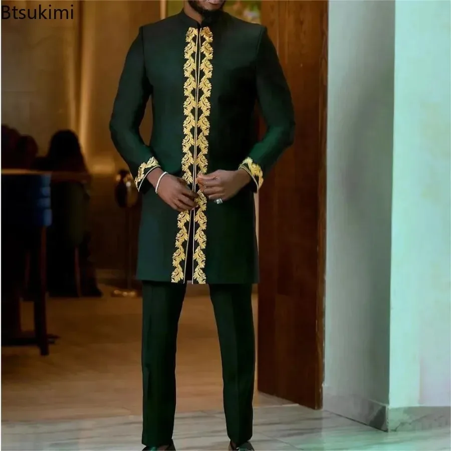 2026 New Elegant Men's Embroidered Dress Suit African Style Kaftan Casual 2 Piece Set Festive Wedding Traditional Men's Clothing