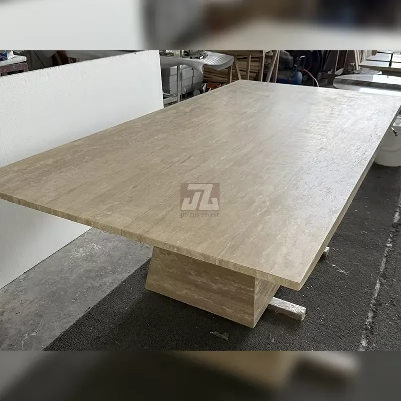 Customized Modern Natural Stone Dining Room Furniture 8 Seaters Beige Travertine Rectangle Marble Dining Table Antique