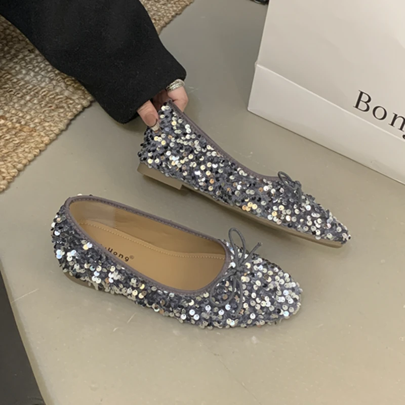 SUOJIALUN 2025 Autumn New Brand Women Flat Shoes Fashion Bling Bead Ladies Elegant Boat Shoes Round Toe Shallow Dress Single Sho
