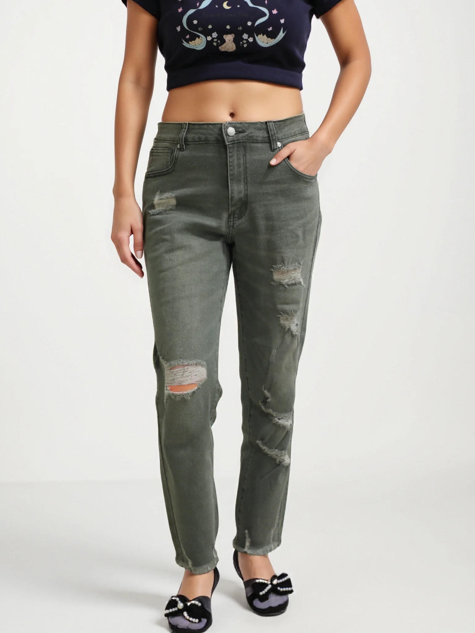 

Women's Olive Green Distressed Boyfriend Jeans - Casual Ripped Style