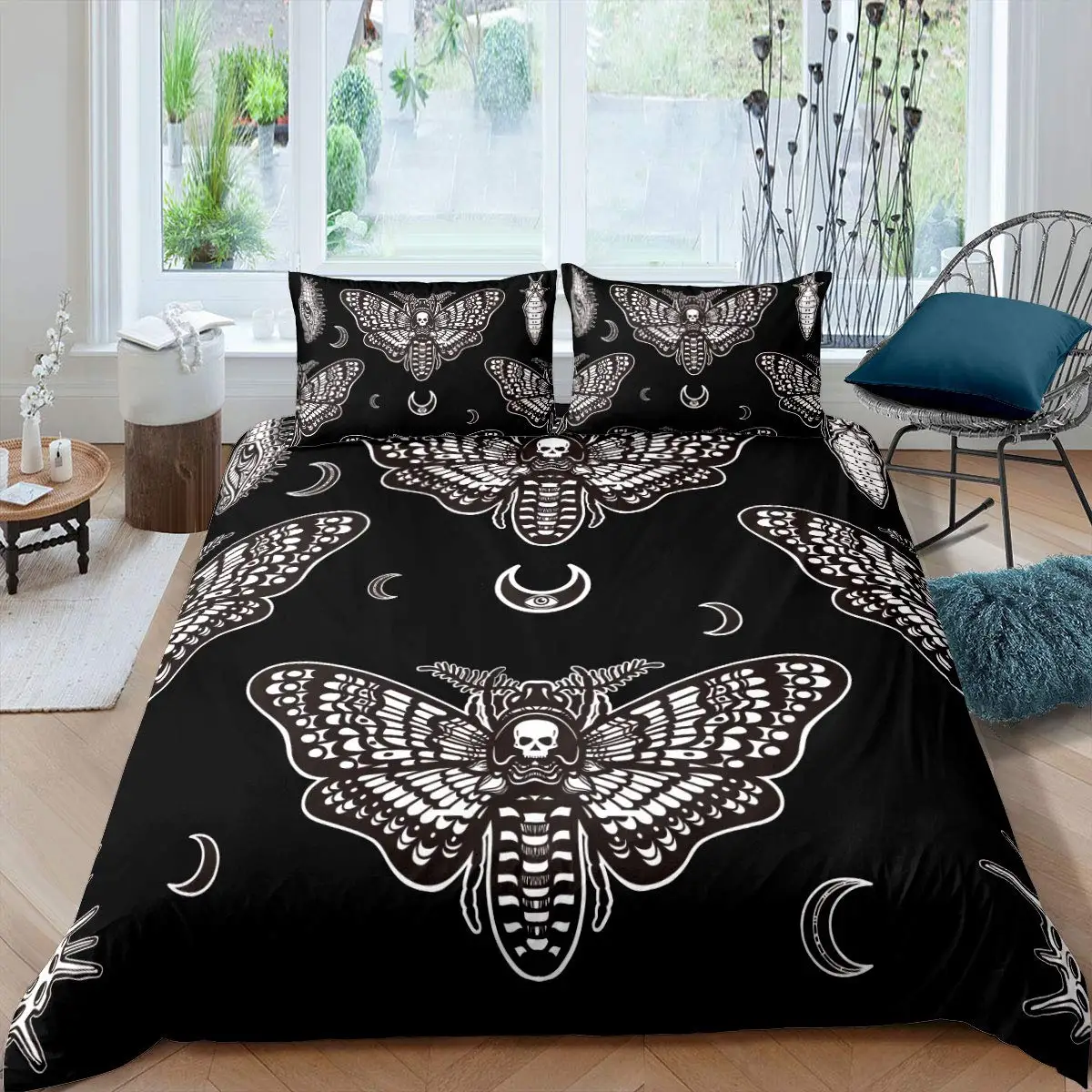 Boho gótico crânio capa de edredão conjunto traça padrão decoração conjunto cama para meninas meninos crianças preto estilo boêmio capas edredão