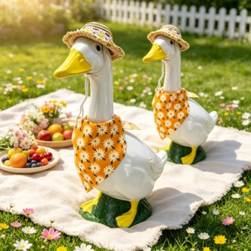 Outdoor Statue 2-piece Set with Straw Hat and Flower Scarf Pig Pet Clothing Pastoral Courtyard Decoration Goose Free