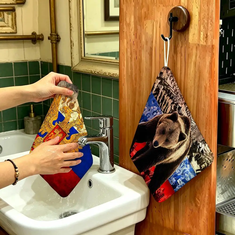 Russian Flag Anime Soft Polyester Cotton Towel, Hanging Kitchen Style Hand Wiping Cloth for Restaurant Home