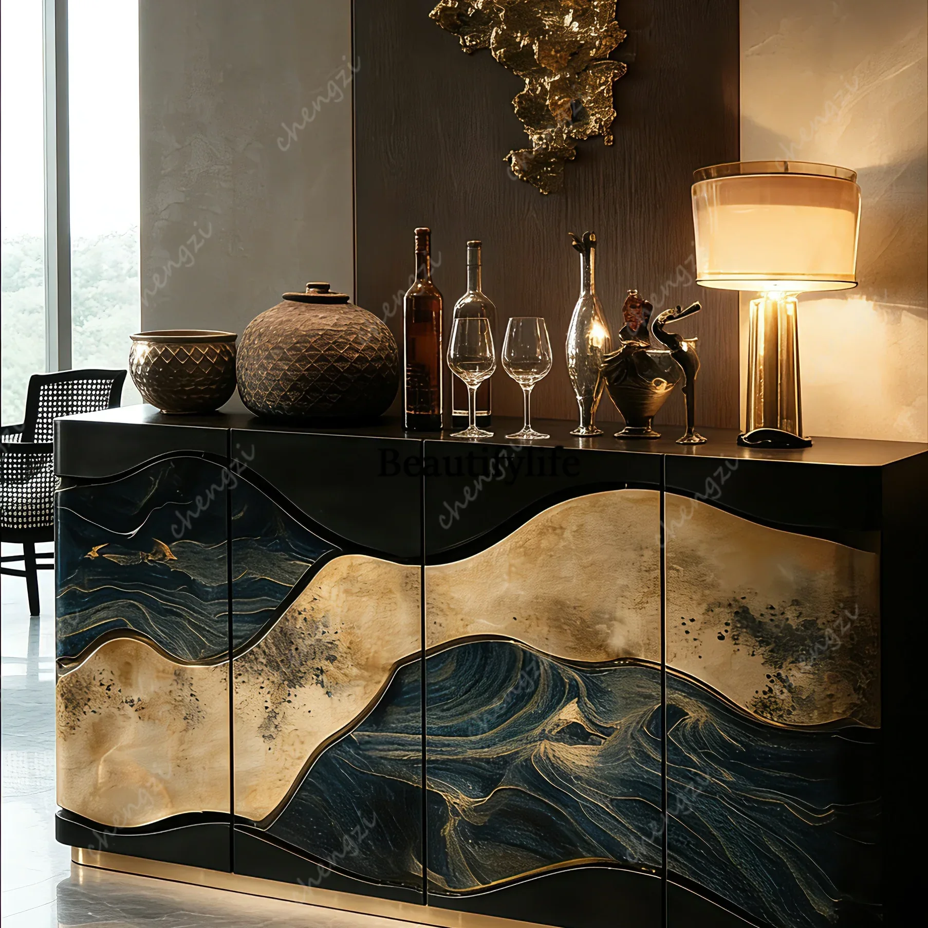 J132 New Chinese and ancient style special-shaped art decoration cabinet foyer entrance cabinet villa living room high luxury
