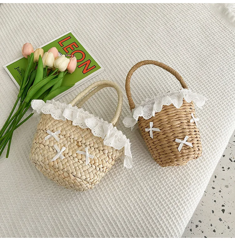 Lace Straw Beach Purse for Children, Sweet Bowknot, Shoulder Bags, Cute Woven Tote, Travel Basket Bag, Baby Girls, Kids, Summer