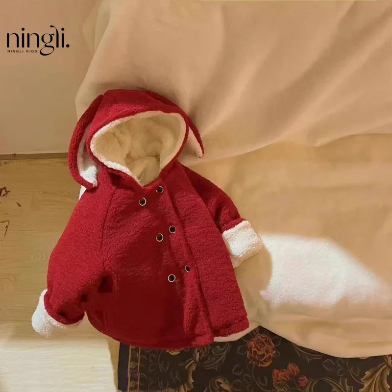 Childrens Jacket Girls Plush Thick Woolen Coat Fashionable and Cute Rabbit Ear Hooded Mid Length Jacket  Kids Clothes