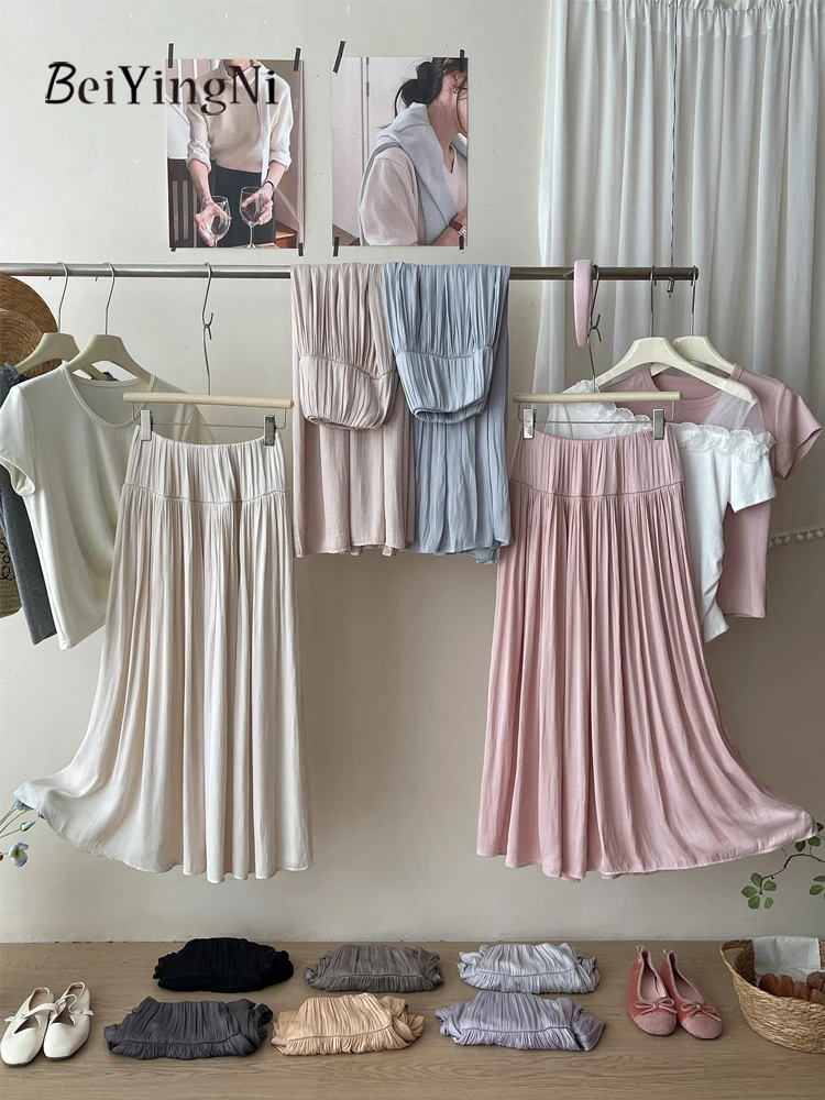 Beiyingni Summer Elegant Flowy Long Skirt Women Luxury French Satin Pleated Skirts for Ladies 2026 Stylish Vintage Commute Skirt
