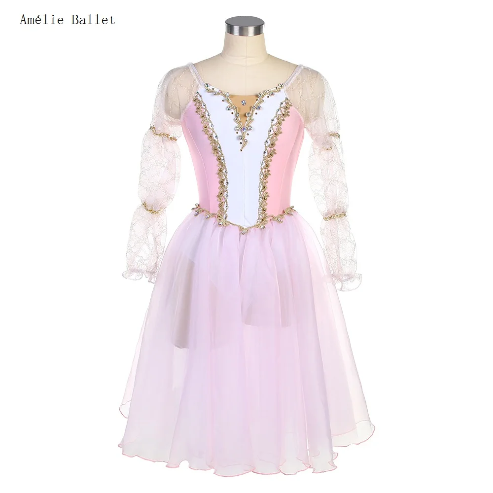 

22554 Long Sleeves Pink Spandex Bodice Romatic Ballet Tutu for Girls & Women Stage Performance Dance Dress Long Ballet Tutu