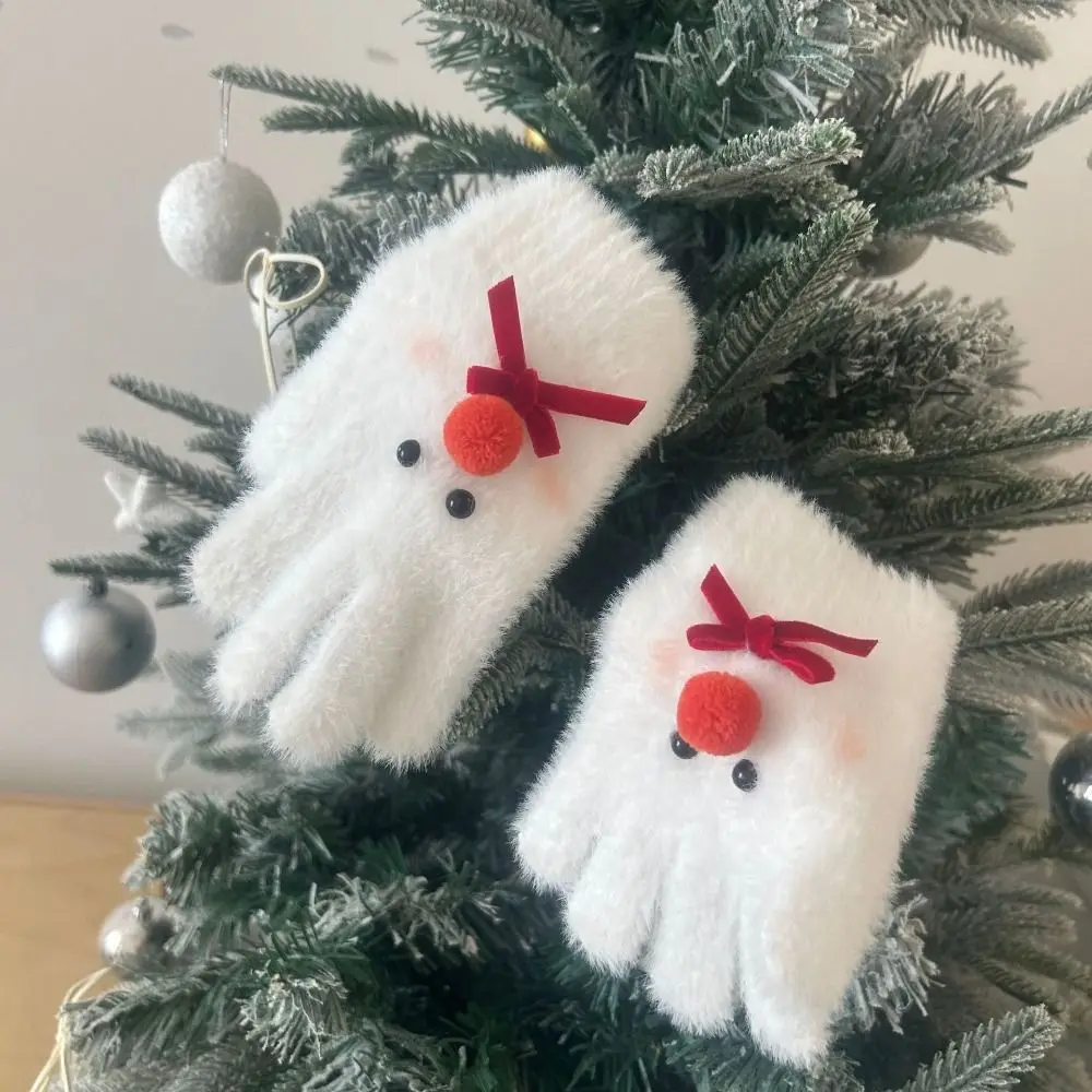 

Cute Sweet Snowman Plush Gloves Touchscreen Thicken Five-finger Mittens Knitted Warm Cycling Gloves Woman